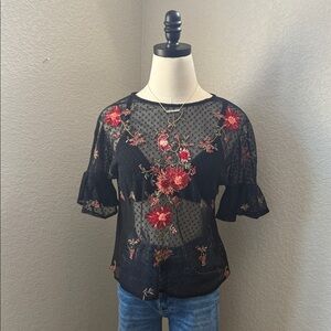 Anthropologie Maeve Black Blouse with Red Floral Embroidery